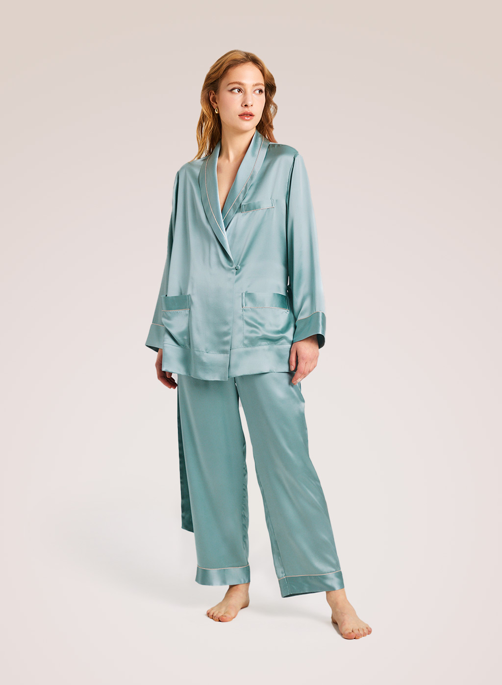 Silver Trimmed Kimono Silk Pajama Set