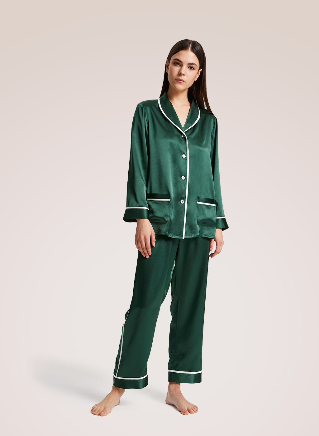Turquoise Piped Silk Pajama Set 