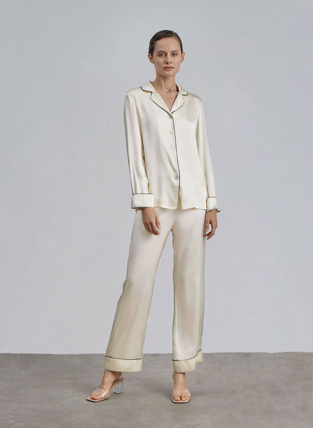 Maison Ivory Piped Silk Pajama Set plus-size